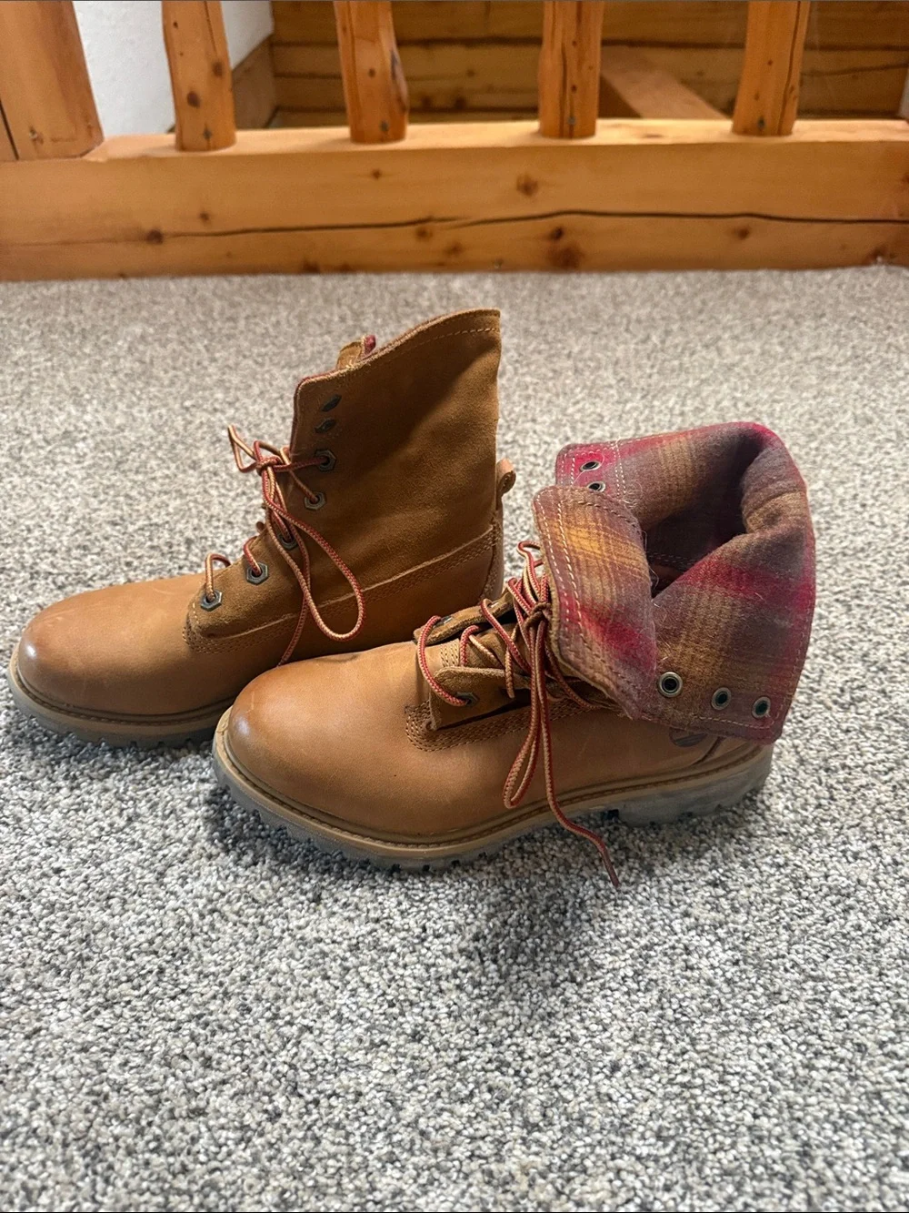 Timberland Tan Leather Lace-Up Boots with Plaid Collar